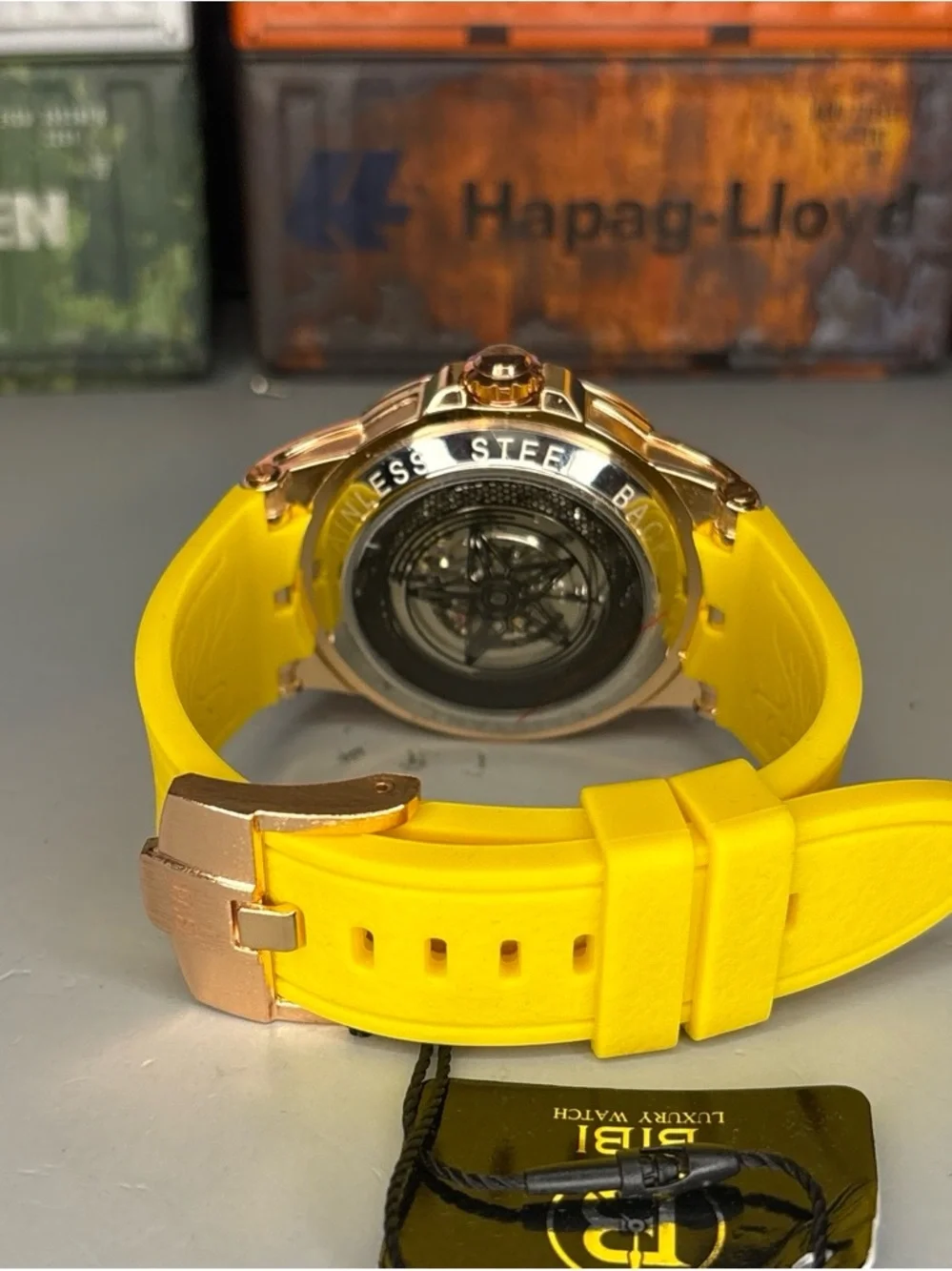 BiBi Automatic Men’s Skeleton Dial Watch with Yellow Strap and Rose Gold Case
